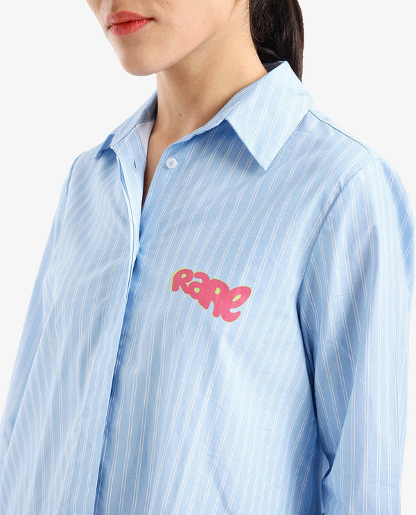 Rareism Women Rambla Blue Collared Neck Button Closure Relaxed Fit Abstract Print Top