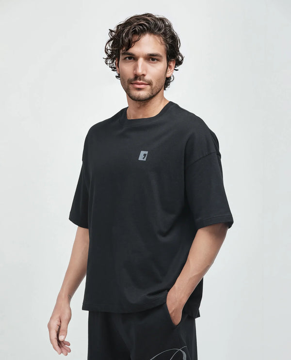 Rare Rabbit Men Rano Black Cotton Fabric Short Sleeve Slip-On Boxy Fit Printed T-Shirt