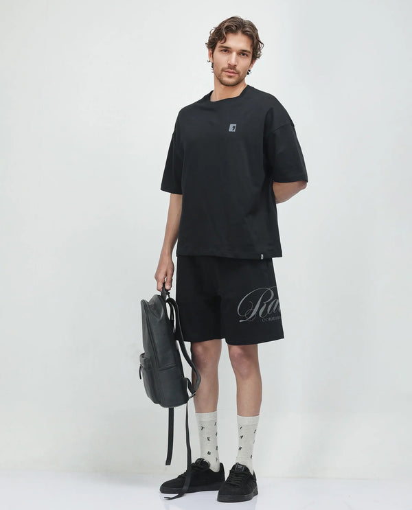 Rare Rabbit Men Ranot Black Cotton Fabric Oversized Graphic Print Shorts