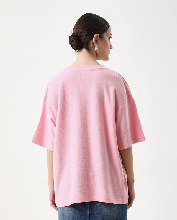 Rareism Women Ransa Pink Pull On Closure Cotton Oversized Regular Graphic Print T-Shirt