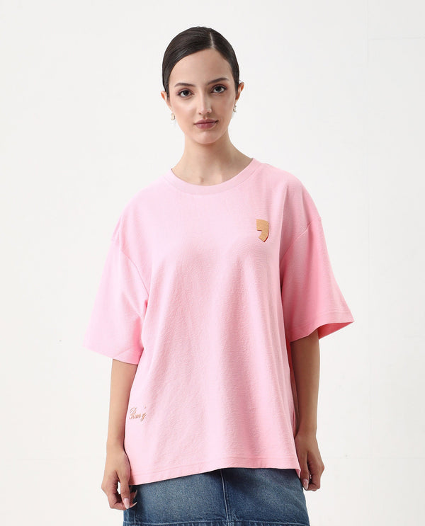 Rareism Women Ransa Pink Pull On Closure Cotton Oversized Regular Graphic Print T-Shirt