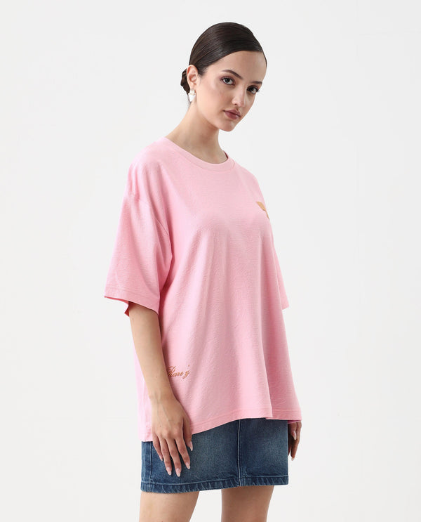 Rareism Women Ransa Pink Pull On Closure Cotton Oversized Regular Graphic Print T-Shirt