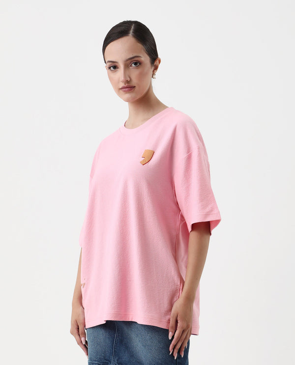 Rareism Women Ransa Pink Pull On Closure Cotton Oversized Regular Graphic Print T-Shirt