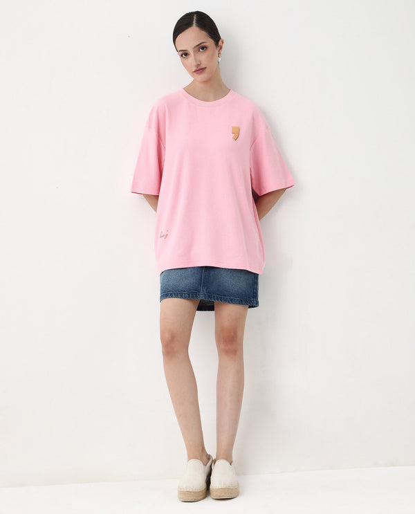 Rareism Women Ransa Pink Pull On Closure Cotton Oversized Regular Graphic Print T-Shirt