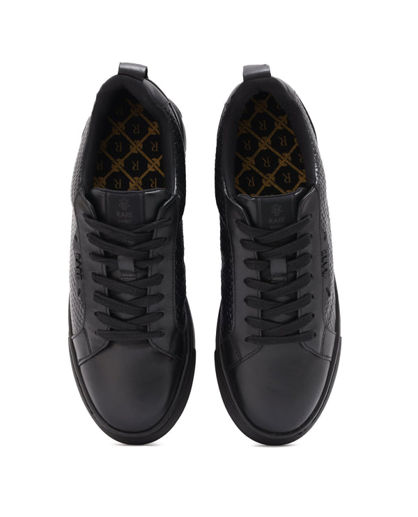 Rare Rabbit Mens Rapso Black Round Toe Low-Top Embossed Lace-Up Sneaker Shoes