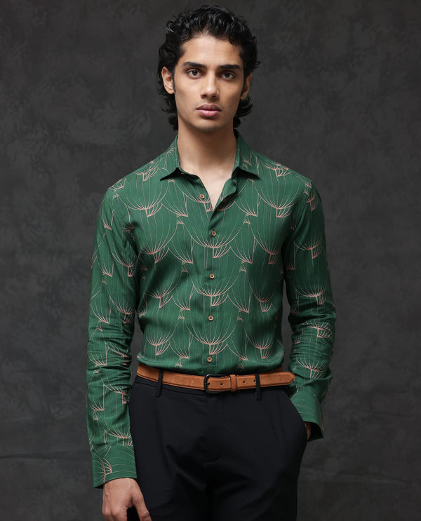 Rare Rabbit Men's Rasou Green Viscose Fabric Full Sleeves Tropical Print Shirt