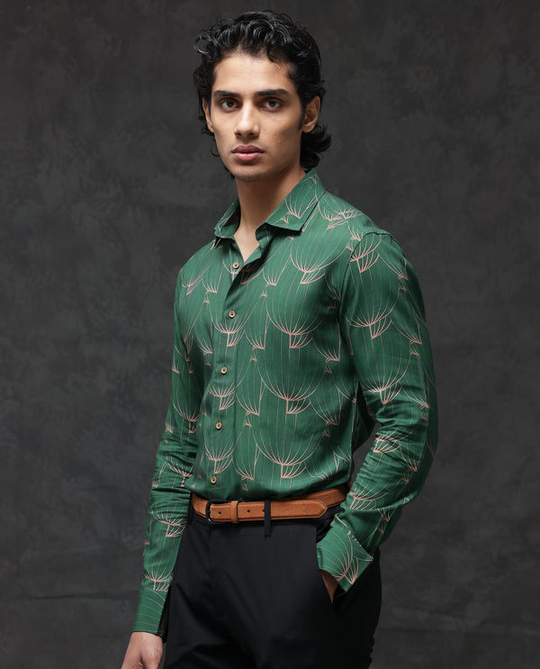 Rare Rabbit Men's Rasou Green Viscose Fabric Full Sleeves Tropical Print Shirt