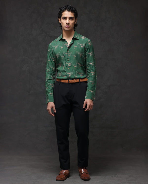 Rare Rabbit Men's Rasou Green Viscose Fabric Full Sleeves Tropical Print Shirt