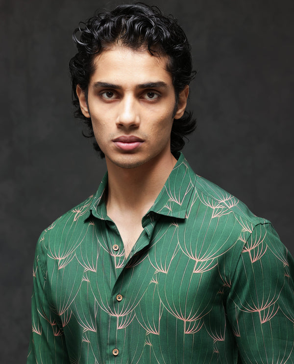 Rare Rabbit Men's Rasou Green Viscose Fabric Full Sleeves Tropical Print Shirt