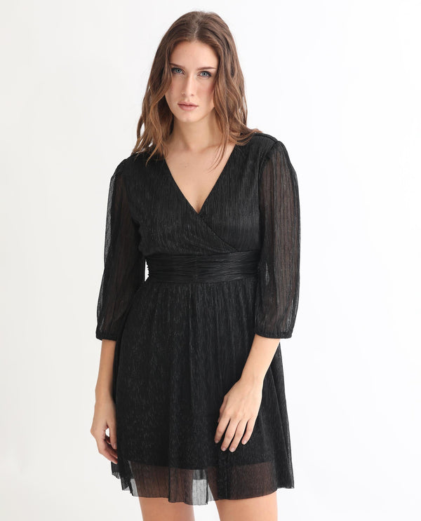 Rareism Women Ravin Metallic Black V Neck 3/4 Sleeves Shimmer Mini Party Dress