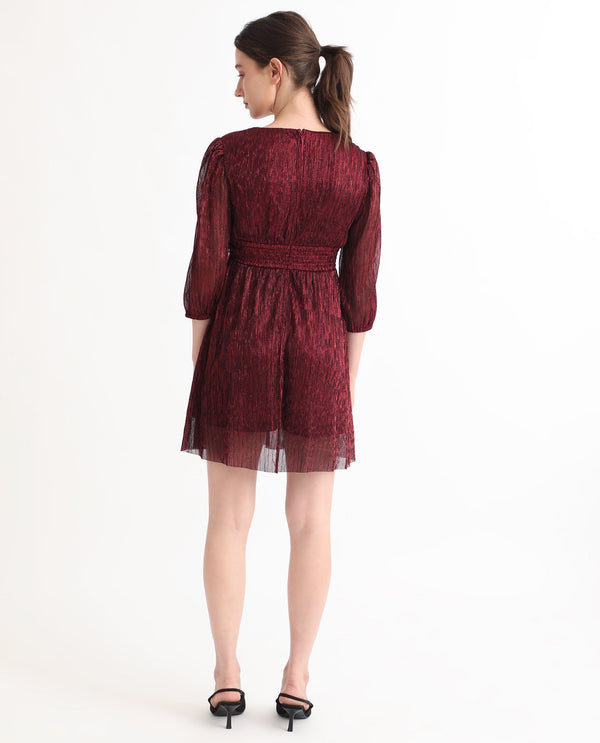 Rareism Women Ravin Metallic Red Polyester Fabric 3/4Th Sleeves Balloon Sleeve Fit And Flare Shimmer Knee Length Empire Dress