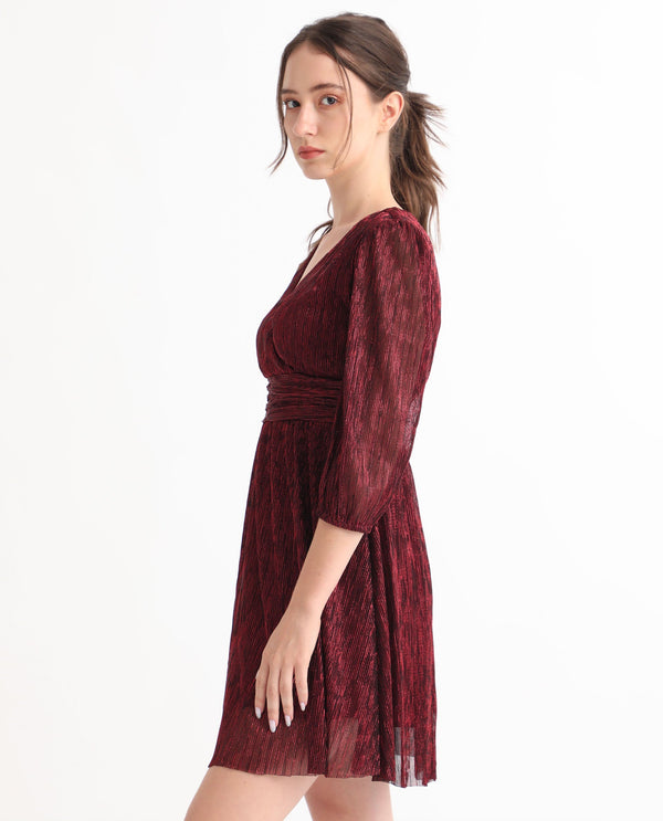 Rareism Women Ravin Metallic Red Polyester Fabric 3/4Th Sleeves Balloon Sleeve Fit And Flare Shimmer Knee Length Empire Dress