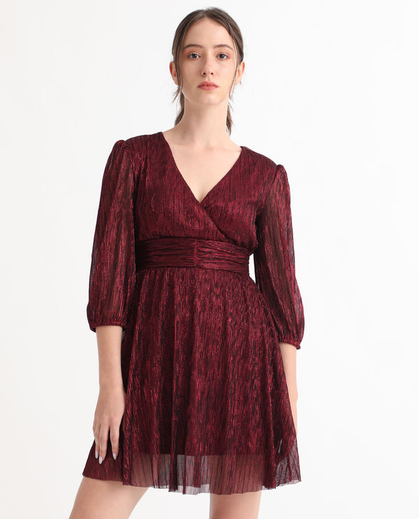 Rareism Women Ravin Metallic Red Polyester Fabric 3/4Th Sleeves Balloon Sleeve Fit And Flare Shimmer Knee Length Empire Dress