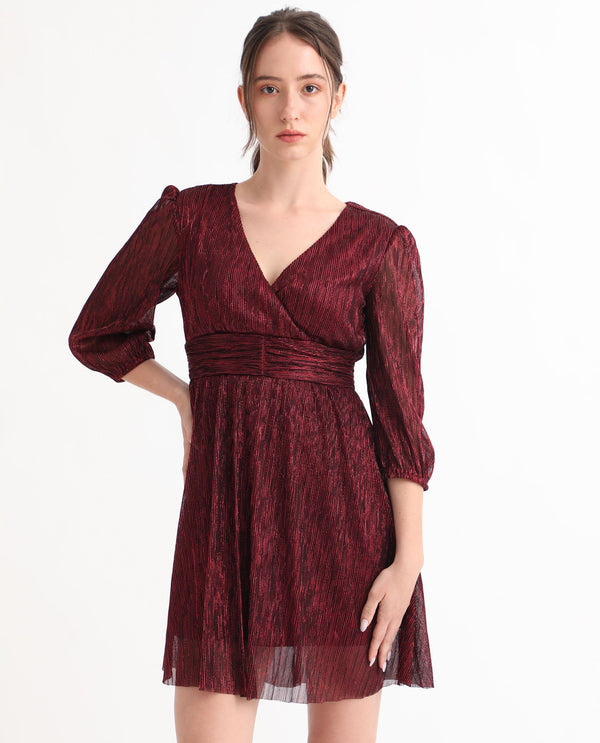 Rareism Women Ravin Metallic Red Polyester Fabric 3/4Th Sleeves Balloon Sleeve Fit And Flare Shimmer Knee Length Empire Dress
