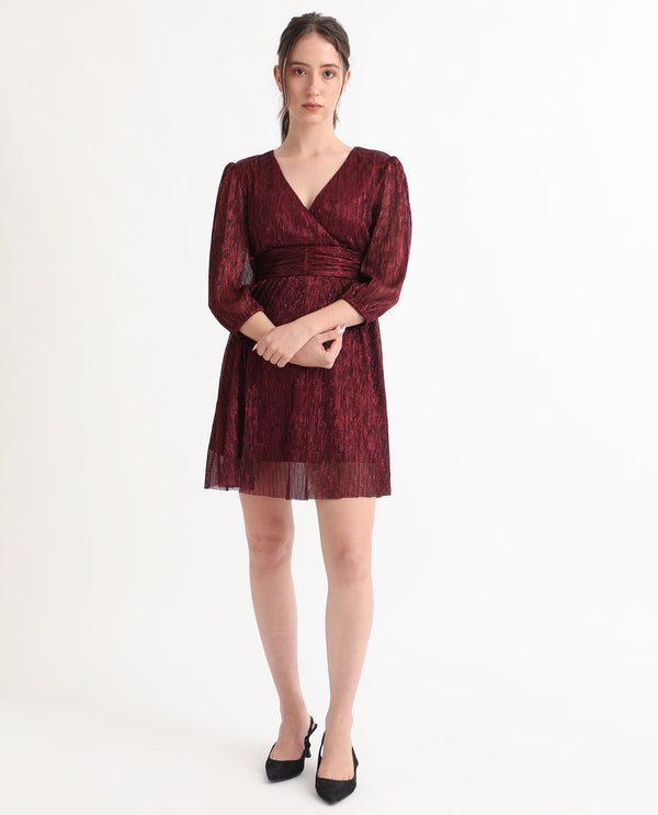 Rareism Women Ravin Metallic Red Polyester Fabric 3/4Th Sleeves Balloon Sleeve Fit And Flare Shimmer Knee Length Empire Dress