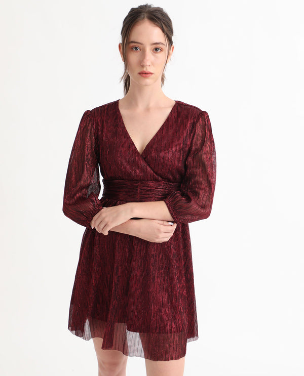 Rareism Women Ravin Metallic Red Polyester Fabric 3/4Th Sleeves Balloon Sleeve Fit And Flare Shimmer Knee Length Empire Dress