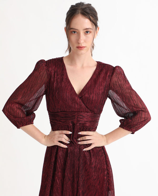 Rareism Women Ravin Metallic Red Polyester Fabric 3/4Th Sleeves Balloon Sleeve Fit And Flare Shimmer Knee Length Empire Dress