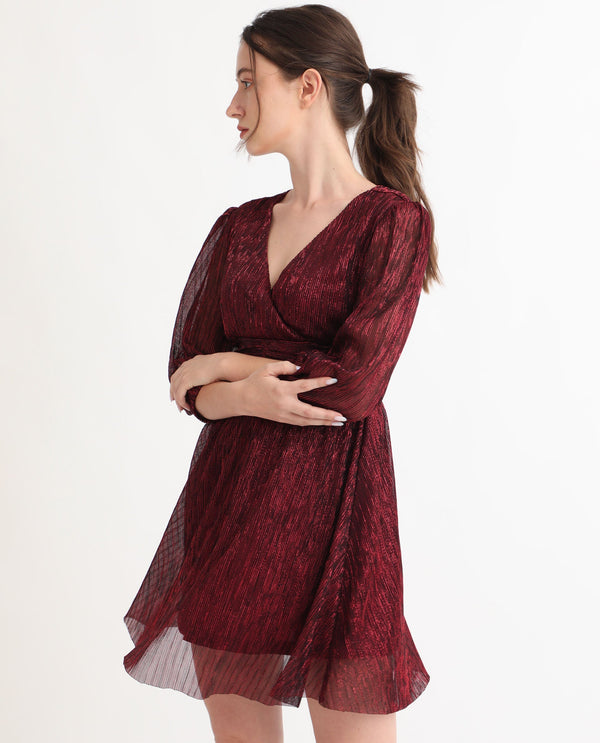 Rareism Women Ravin Metallic Red Polyester Fabric 3/4Th Sleeves Balloon Sleeve Fit And Flare Shimmer Knee Length Empire Dress