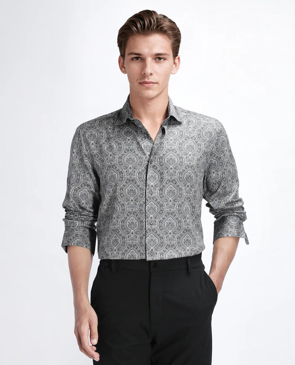 Rare Rabbit Men's Raya Dark Grey Viscose Nylon Fabric Full Sleeve Spread Collar Button Closure Regular Fit Plain Shirt
