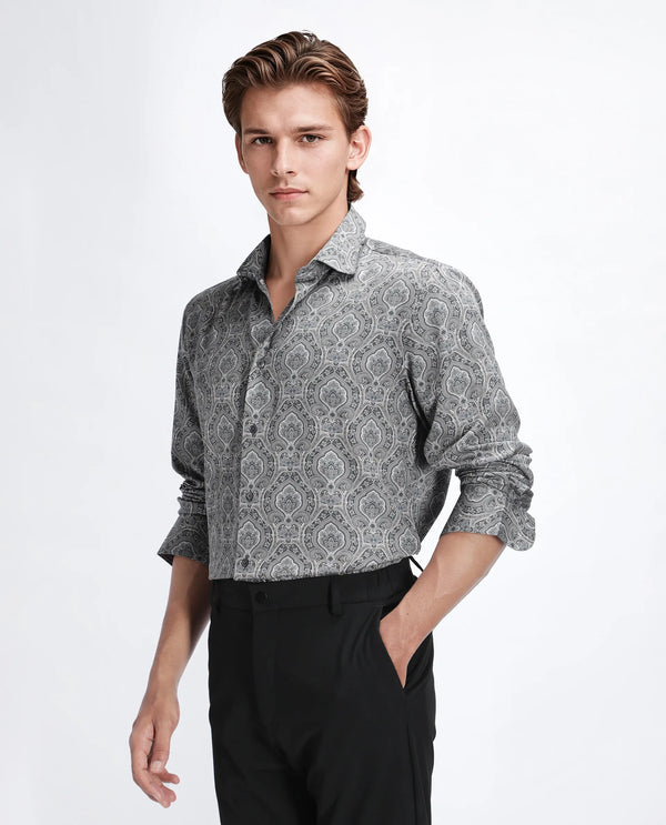 Rare Rabbit Men's Raya Dark Grey Viscose Nylon Fabric Full Sleeve Spread Collar Button Closure Regular Fit Plain Shirt
