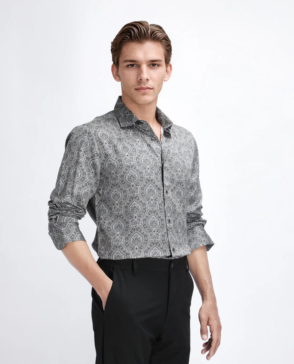 Rare Rabbit Men's Raya Dark Grey Viscose Nylon Fabric Full Sleeve Spread Collar Button Closure Regular Fit Plain Shirt