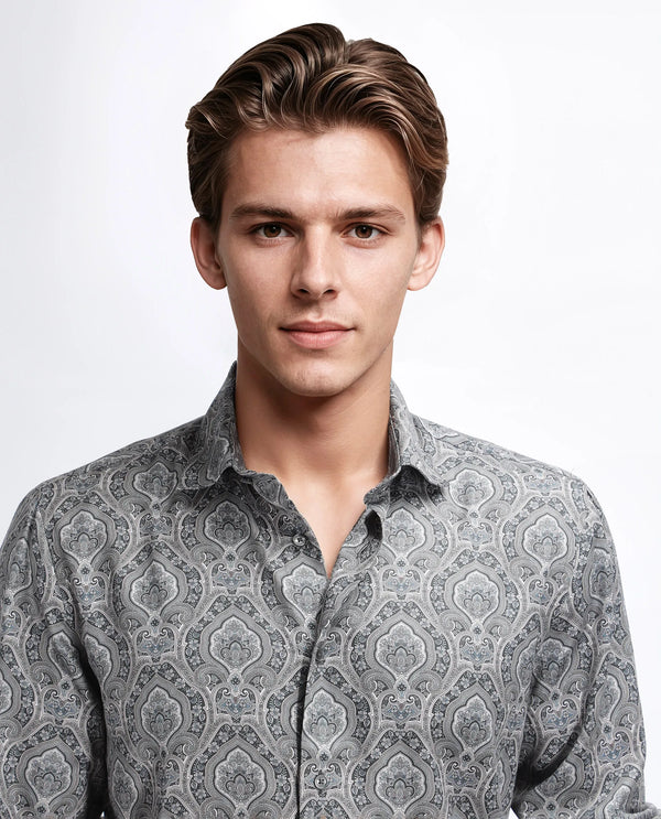Rare Rabbit Men's Raya Dark Grey Viscose Nylon Fabric Full Sleeve Spread Collar Button Closure Regular Fit Plain Shirt