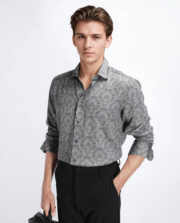 Rare Rabbit Men's Raya Dark Grey Viscose Nylon Fabric Full Sleeve Spread Collar Button Closure Regular Fit Plain Shirt