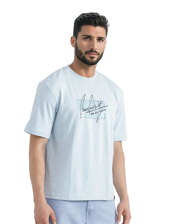 Rare Rabbit Men Raydo Light Blue Cotton Polyester Fabric Short Sleeve Crew Neck Boxy Fit Graphic Print T-Shirt