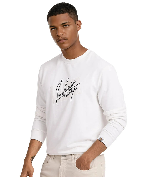 Rare Rabbit Men Raydon Off White Cotton Poly Fabric Full Sleeve Crew Neck Regular Fit Signature Print Sweatshirt