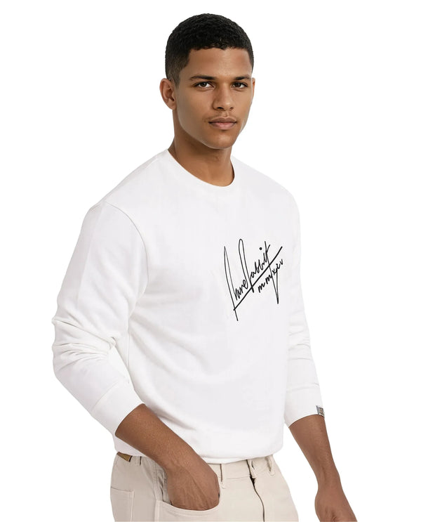 Rare Rabbit Men Raydon Off White Cotton Poly Fabric Full Sleeve Crew Neck Regular Fit Signature Print Sweatshirt