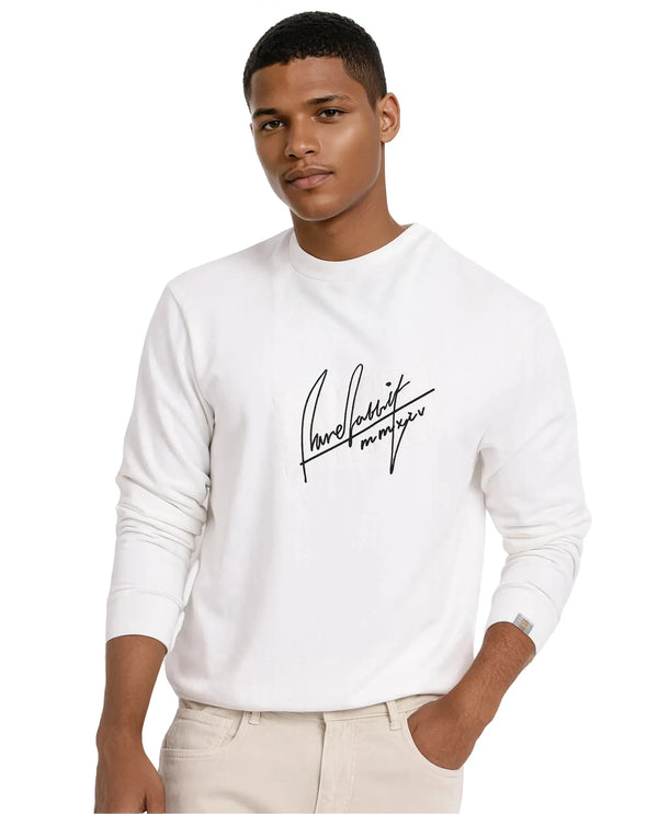 Rare Rabbit Men Raydon Off White Cotton Poly Fabric Full Sleeve Crew Neck Regular Fit Signature Print Sweatshirt