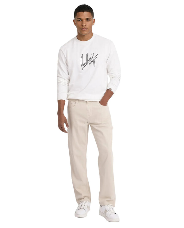 Rare Rabbit Men Raydon Off White Cotton Poly Fabric Full Sleeve Crew Neck Regular Fit Signature Print Sweatshirt
