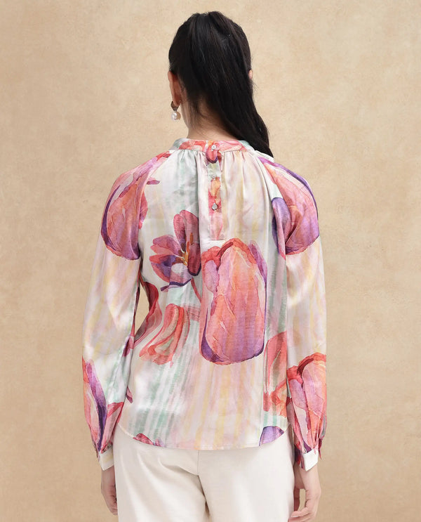 Rareism Women Raylin Light Multi Cuffed Sleeve High Neck Button Relaxed Fit Floral Print Top