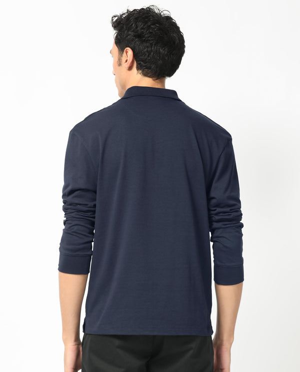 Rare Rabbit Men's Raz Navy Collared Neck Statement Chest Label Full Sleeve Polo T-Shirt