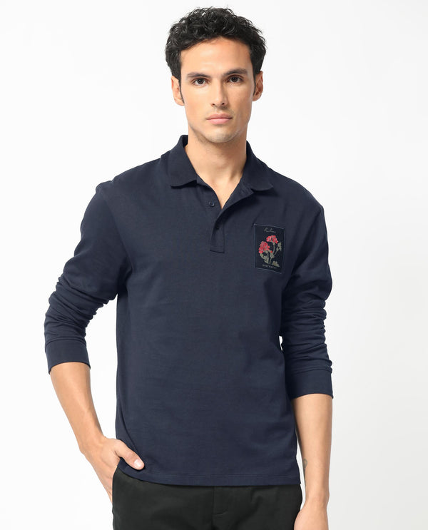 Rare Rabbit Men's Raz Navy Collared Neck Statement Chest Label Full Sleeve Polo T-Shirt