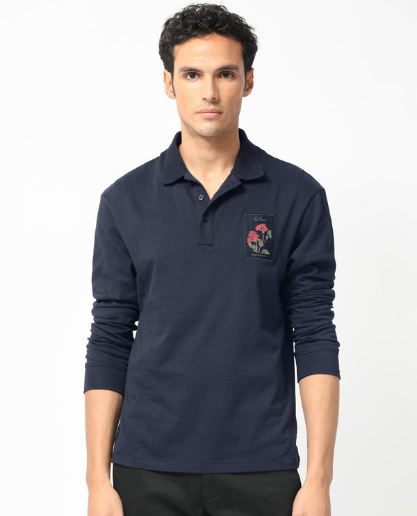 Rare Rabbit Men's Raz Navy Collared Neck Statement Chest Label Full Sleeve Polo T-Shirt