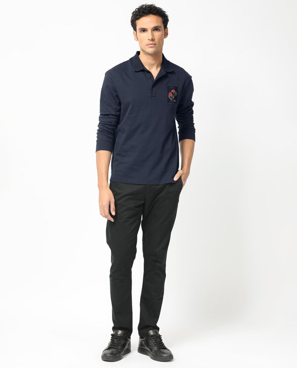 Rare Rabbit Men's Raz Navy Collared Neck Statement Chest Label Full Sleeve Polo T-Shirt