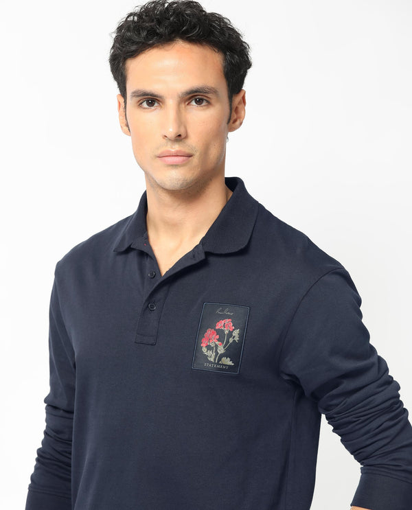 Rare Rabbit Men's Raz Navy Collared Neck Statement Chest Label Full Sleeve Polo T-Shirt