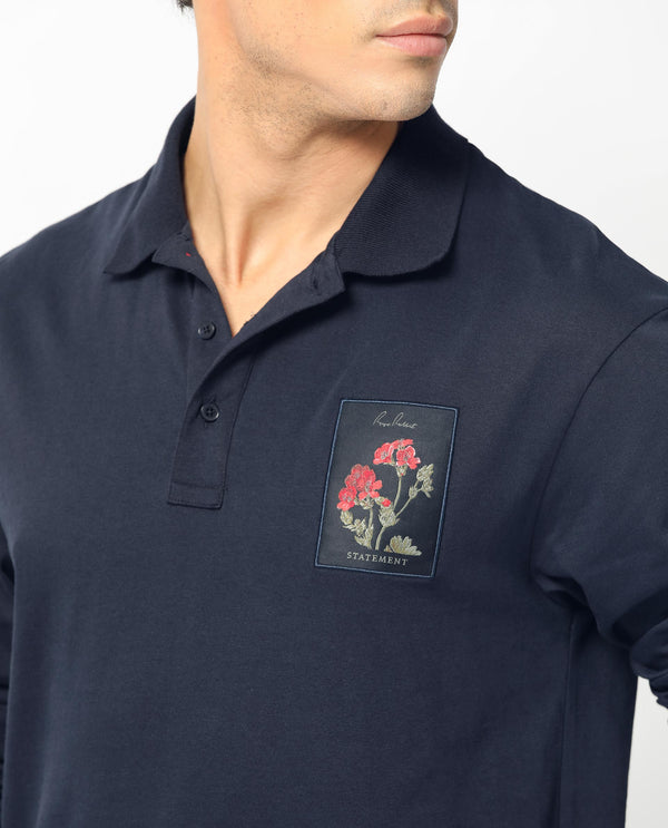 Rare Rabbit Men's Raz Navy Collared Neck Statement Chest Label Full Sleeve Polo T-Shirt
