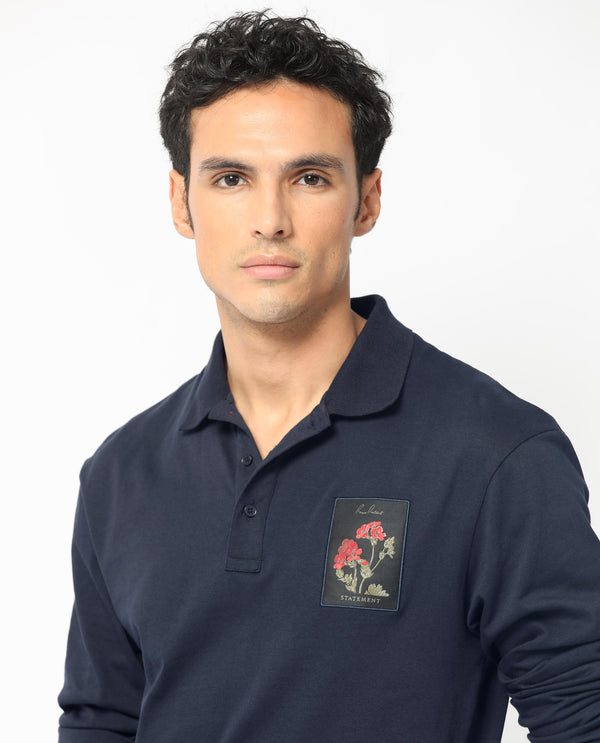 Rare Rabbit Men's Raz Navy Collared Neck Statement Chest Label Full Sleeve Polo T-Shirt