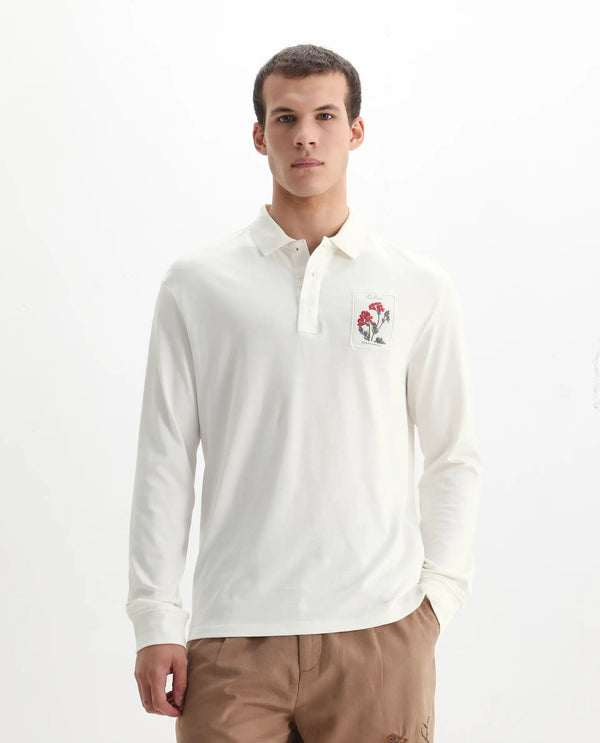 Rare Rabbit Men's Raz Off White Collared Neck Statement Chest Label Full Sleeve Polo T-Shirt