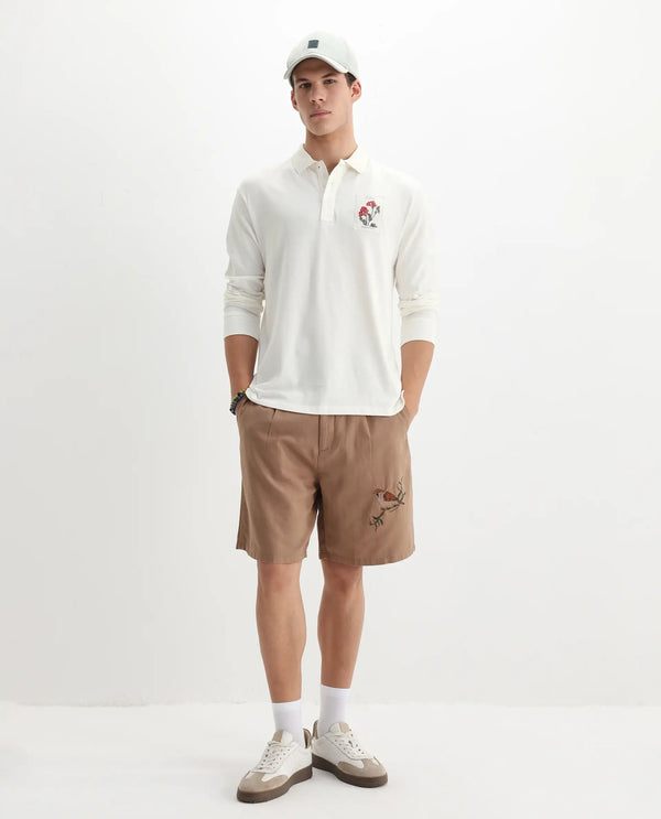 Rare Rabbit Men's Raz Off White Collared Neck Statement Chest Label Full Sleeve Polo T-Shirt