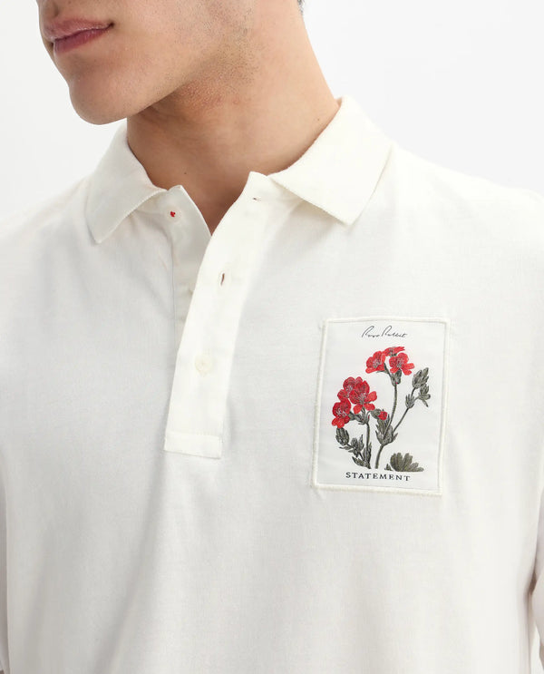 Rare Rabbit Men's Raz Off White Collared Neck Statement Chest Label Full Sleeve Polo T-Shirt