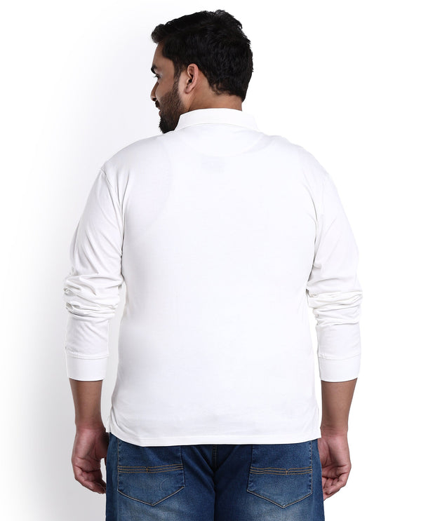 Rare Rabbit Men's Raz Off White Collared Neck Statement Chest Label Full Sleeve Polo T-Shirt Plus Size