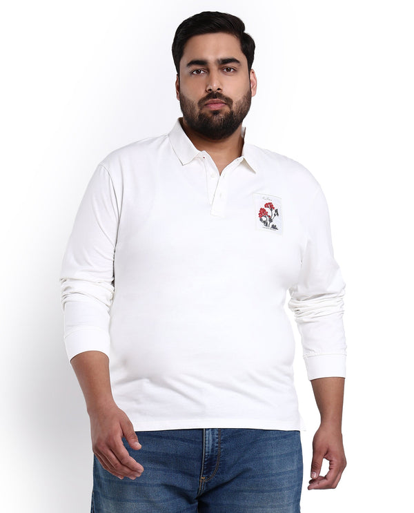 Rare Rabbit Men's Raz Off White Collared Neck Statement Chest Label Full Sleeve Polo T-Shirt Plus Size
