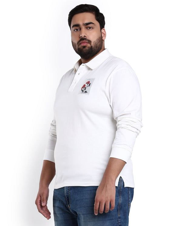 Rare Rabbit Men's Raz Off White Collared Neck Statement Chest Label Full Sleeve Polo T-Shirt Plus Size