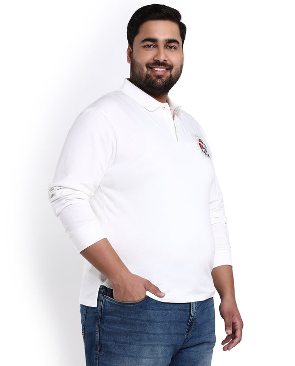 Rare Rabbit Men's Raz Off White Collared Neck Statement Chest Label Full Sleeve Polo T-Shirt Plus Size