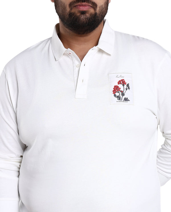 Rare Rabbit Men's Raz Off White Collared Neck Statement Chest Label Full Sleeve Polo T-Shirt Plus Size