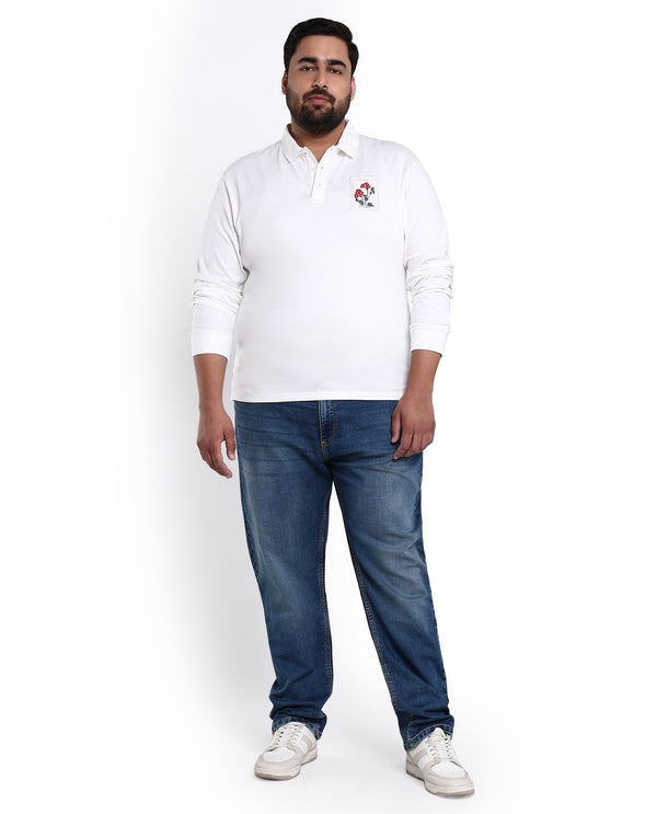 Rare Rabbit Men's Raz Off White Collared Neck Statement Chest Label Full Sleeve Polo T-Shirt Plus Size