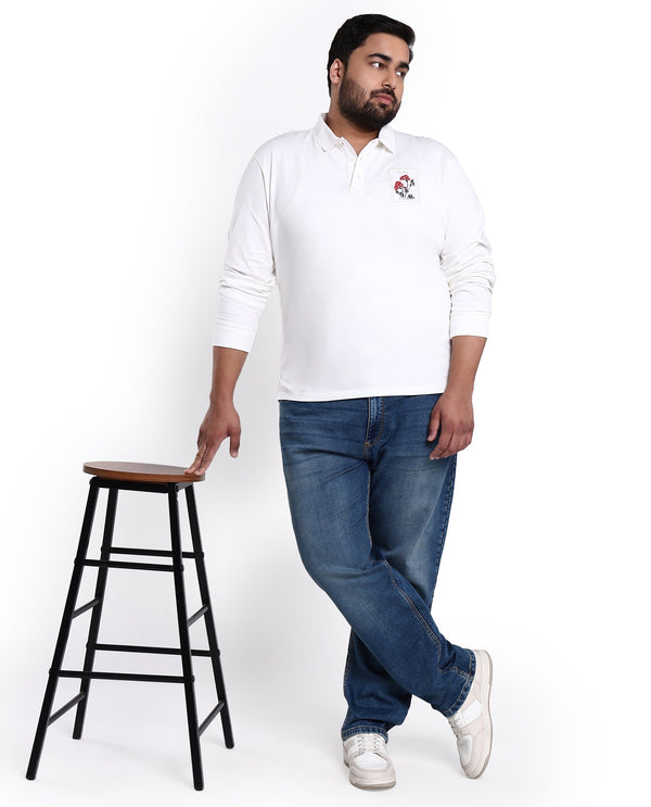 Rare Rabbit Men's Raz Off White Collared Neck Statement Chest Label Full Sleeve Polo T-Shirt Plus Size